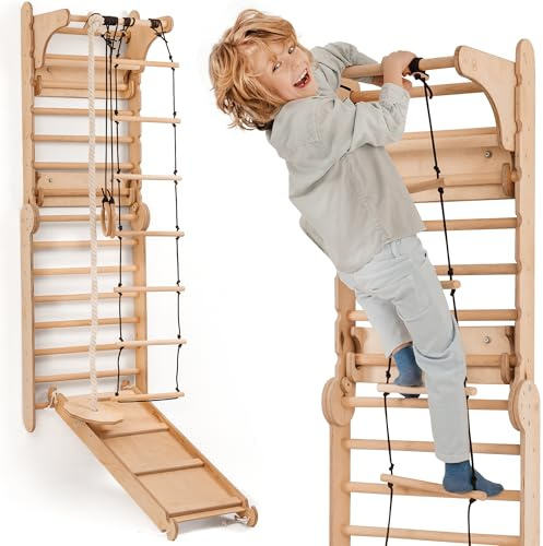 Goodevas Escalera Sueca Gimnasio Infantil - Juego Montessori Gimnasio de Escalada - Parque Infantil de Madera, Juguetes de Escalada para Niños de 2 a 12 Años