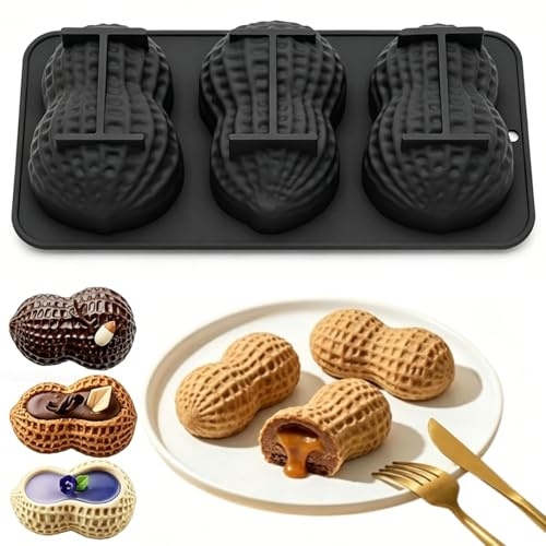 Stampo in silicone a forma di arachidi, 3 cavità, stampo da dessert per mousse, torte, cioccolato, gelato, teglia antiaderente per uso alimentare, facile da sformare, lavabile in lavastoviglie (nero)