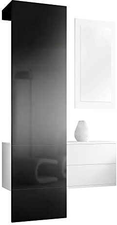 Vladon Garderobe Carlton Set 2, Made in Germany, Garderobenset bestehend aus 1 Garderobenpaneel, 1 Schubkastenschrank und 1 Wandspiegel, Weiß matt/Schwarz Hochglanz (105 x 193 x 35 cm)