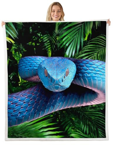 Erosebridal Snake Flannel Blanket, Blue Snake Sherpa Blanket, 3D Reptile Warm Plush Blanket, Blue Scales Throw Blanket, Palm Leaf Wild Animal Stylish Bed Blanket for Kids Boys Teens Man Twin 60x80