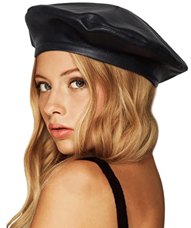 PU Leather Berets for Women French Beret Hats Artist Painter Hat Classic Solid Style(Black)