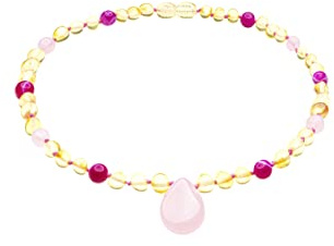 Genuine Amber Necklace From Baltic Sea Made With Polished Lemon Rose Quartz & Red Agate 33 cm (13 Inches)