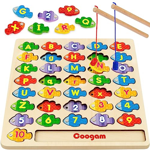 Coogam Juego de pesca con números magnéticos del alfabeto, números de letras ABC de madera, rompecabezas a juego de colores, juguete educativo Montessori de motor fino para niños preescolares de 3, 4