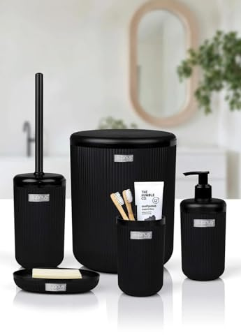 5-teiliges Badezimmer Zubehör Set Rund Schwarz – Luxus Modernes Bad Set mit Zahnbürstenhalter, Becher, Toilettenbürste, Seifenschale & Mülleimer