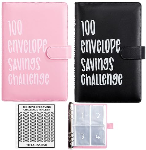 2PCS 100 Envelopes Money Saving Challenge, Envelopes Challenge Binder, Achieving Financial Goals with a Budget Binder and Cash Envelopes, Successfully Reach Your Savings Goals of $5,050 (Pink+Black)
