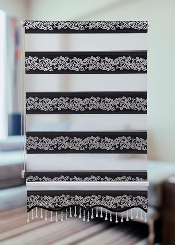 PlisseeOnline Doppelrollo Klemmfix ohne Bohren Schwarz Silber mit Muster und Perlen Duo Rollo für Fenster und Türen Plissee Rollo Gardine 80 x 150 cm Blickdicht Klemmrollo mit Perlen Seitenzugrollo