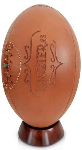 RUGBIER – Pallone da Rugby Vintage in Pelle + Tee in Legno - Misura 5 - Regalo Decorativo da Collezione per Appassionati e Giocatori - Design Tradizionale con Incisione al Laser