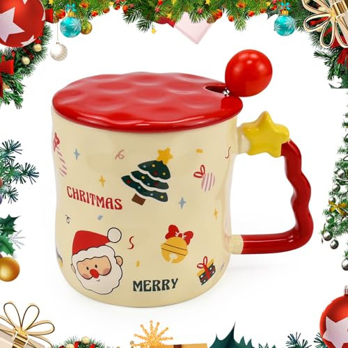 ADERTOS Weihnachtstasse Keramik 380ml Weihnachtsbecher Rote Weihnachts Kaffeebecher Porzellan Milchbecher Weihnachten Becher mit Deckel Löffel Tee Tasse für Kaffee Milch Xmas Geburtstagsgeschenke