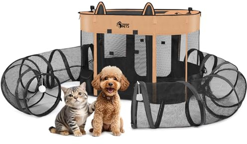 Ownpets Portable Cat Playpen with Removable Tunnel, Foldable Puppy Play Pen, Indoor Outdoor Cat Enclosure Pet Tent for Cats, Dogs and Small Pets