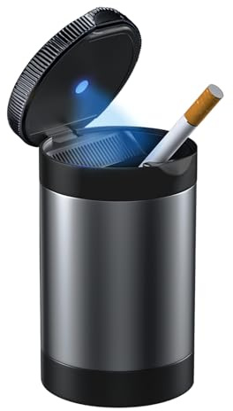 Tmengdao Ashtray with Lid,Smokeless Ashtray for Cup Holder Smell Proof,Detachable Stainless Steel Car Ash Tray with LED Auto Light, for Most Car, Office, Home (Grey)