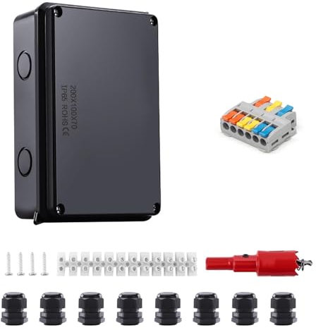 SRJQXH Boite Derivation, 200 x 100 x 70 mm Boite de Derivation Electrique, Noir IP65 Boite Derivation Etanche, ø 12-16 mm, avec Bornes et Accessoires de Montage, pour Caves, Garages