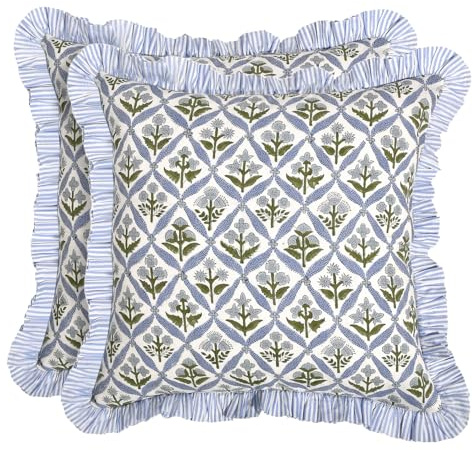 Ridhi Block Print Light Steel Blue Throw Pillow Cover 18 x 18 (Pack of 2) Decorative Cushion Covers with Ruffle for Couch, Sofa, Bed, Living Room, Home Decor Gift for Spring, Easter, Valentine