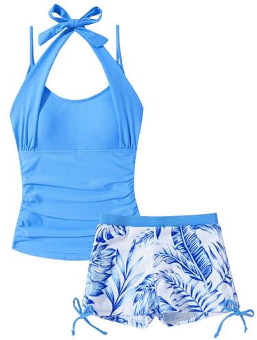 Happy Cherry Costume da Bagno 2 Pezzi Ragazza Adolescente 13-14 Anni Top Tankini e Short Motivo Stampato Completo Nuoto Estate Blu