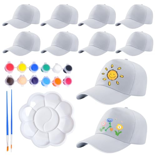 LEKEFETO 10 gorras de béisbol de bricolaje, gorra de béisbol para niños, color blanco con herramientas de graffiti, gorra de graffiti, para niños, manualidades, regalo de cumpleaños, actividades en