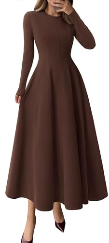 PRETTYGARDEN Cocktail Dresses for Women 2026 Elegant Classy Fall Long Sleeve Midi A Line Flowy Modest Winter Party Dress (Brown,Small)