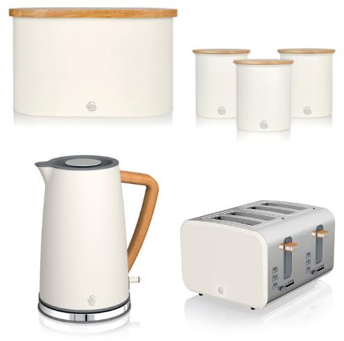 Swan Nordic Cotton White 1.7L Jug Kettle, 4 Slice Toaster, Bread Bin and Canisters. Scandinavian Inspired Minimalist Design Matching Kitchen Set of 6