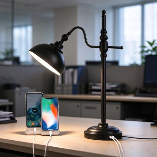 JCPYIUL Industrial Desk Lamp - Black Metal Task Lamp with 2 USB Charging Ports,Vintage Farmhouse Style for Bedroom,Coffee,Dorm,Farmhouse Decor