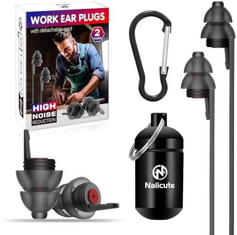 Tappi per le orecchie da lavoro, 2 paia, con cordoncino, per fai da te e artigiani professionisti, riutilizzabili, in morbido silicone, 2 misure, 25 dB di cancellazione del rumore