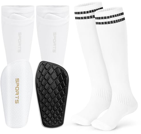 DiULi Mini Espinilleras Futbol, 8 x 16cm Espinilleras Niño Futbol, Espinilleras de Fútbol con Calcetines de Almacenamiento y Medias de Fútbol, Equipo de Protección Deportiva Talla S (Blanco 3pcs)
