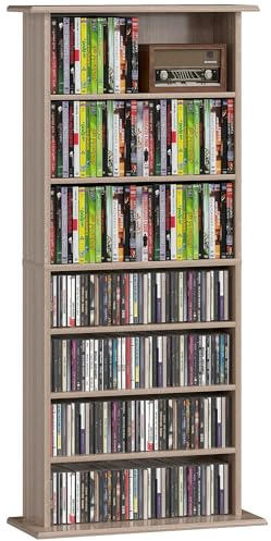 HOMCOM 360 CD/185 DVD Storage Unit 6 Adjustable Shelves Natural Wood Finish | 185 Blu-ray Media Storage Shelf, 8 Compartments, CD Tower, for Living Room, Bedroom, Office