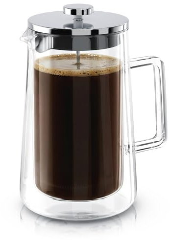 Arendo - Kaffeepresse French Press 1 Liter – Thermo Doppelwand Design - aus Glas und Edelstahl - Kaffeebereiter – Spülmaschinengeeignet – Kaffeepresse – hitzebeständig – für Kaffee und Tee - 1000 ml