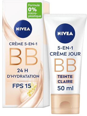 NIVEA - BB Crème 5 En 1 Teinte Claire - Crème Visage FPS 15 - Hydratation 24H - Réduit Imperfections & Signes De Fatigue - Huile De Jojoba Bio & Pigments Minéraux - Vegan - Tous Types De Peaux - 50 ml
