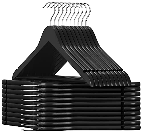 SONGMICS Kleiderbügel Holz, 20er Set, Bügel aus Massivholz, Einkerbungen im Schulterbereich, Rutschfester Hosensteg, um 360° drehbarer Haken, für Anzüge, Hemden, schwarz-silbern CRW02B-20