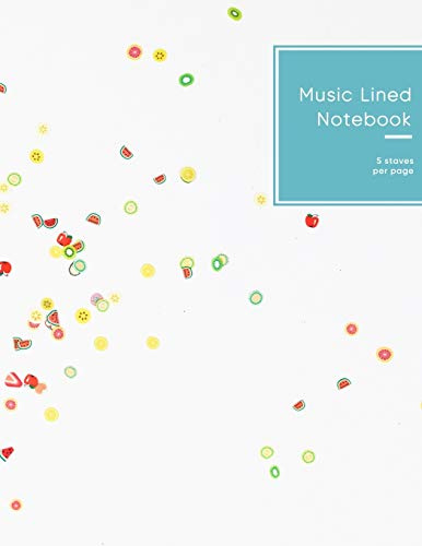 Music lined notebook 5 staves per page: Blue fruit blank manuscript lined book for beginners, kids and students | Large composition pages for boys