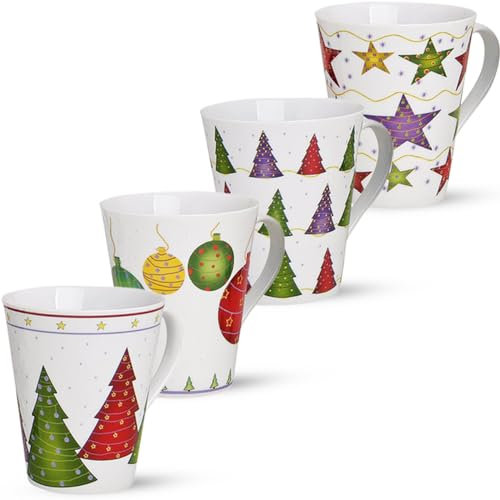 Tassen 4er Set Xmas bunte Dekore - Klassische Porzellan Kaffeebecher als Weihnachtstassen in 11 cm – Weiße Motiv Kaffeetassen für Weihnachten spülmaschinenfest und mikrowellengeeignet