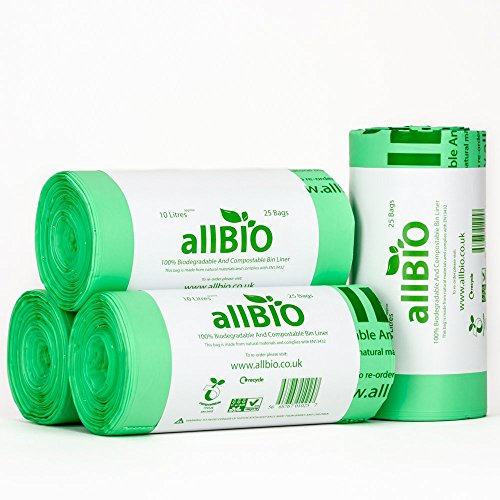 allBIO 10L Extra Thick Compostable Food Waste Kitchen Caddy Liners/Bin Bags - Pack of 100