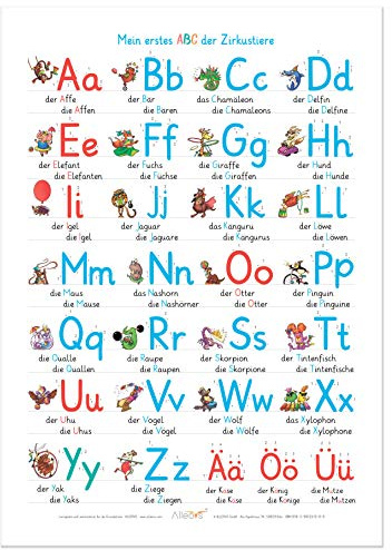 ALLEOVS Mein erstes ABC der Zirkustiere - Alphabet Lernposter ABC Tiere Buchstaben Poster Grundschrift (GS) Grundschule Kinder - DIN A2 1509 white: ... DIN A2 (B 42,0 x H 59,4 cm), 250 g/m2