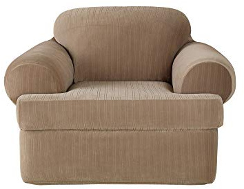 SureFit Home Décor SF37184 Stretch Pinstripe T-Cushion Chair Cover, Form Fit, Polyester/Spandex, Machine Washable Two Piece Taupe Color
