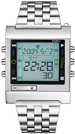 FENKOO Da uomo Orologio da polso Digitale LED Telecomando Calendario allarme Cronometro Acciaio inossidabile Banda Argento