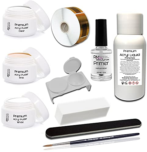 Acryl Starterset & Nagelset – Komplettes Set für Anfänger zum Nägel selber machen. Mit Acryl Liquid, Pulver Klar, Weiß, Pink & Primer für dein Studio zu Hause.