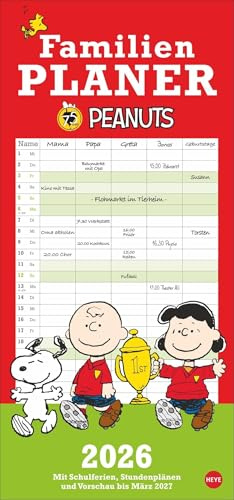 Peanuts Familienplaner 2026: Kalender für Familien mit 5 Spalten. Humorvoll illustrierter Familien-Wandkalender mit Snoopy, Charlie Brown und Co.