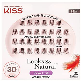 KISS Looks So Natural Trio Lash Medium Combo Pack, False Eyelashes with Tapered End Technology, 3D Lengths & Angles, Easy Grip Tray with Built-In Glue Pocket, 30 Trio Lashes in Short & Medium Lengths