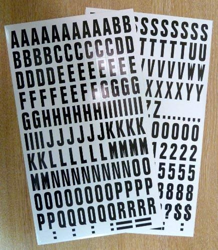 Lot de 234 x 1 (25 mm)-Noir sur blanc-lettres et chiffres autocollants en vinyle étanche &auto-adhésive pour coller les lettres, les véhicules, embarcations, les projets scolaires &affiches