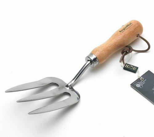 Garten Blumengabel rostfrei, gehärtete Zinken, Holzgriff mit Lederband, 29 cm lang, made in England