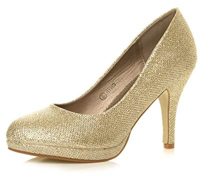 Ajvani Womens Ladies mid high Heel Platform Work Evening Court Shoes Pumps, 7 UK, Gold Glitter Mesh