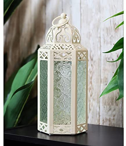 VELA LANTERNS Cremefarbene marokkanische Kerzenlaterne, dekorative Kerzenhalter-Lampe für Tisch oder zum Aufhängen, Ramadan-Dekorationen, Innendekoration, Außenterrasse oder Veranda, Hochzeiten,