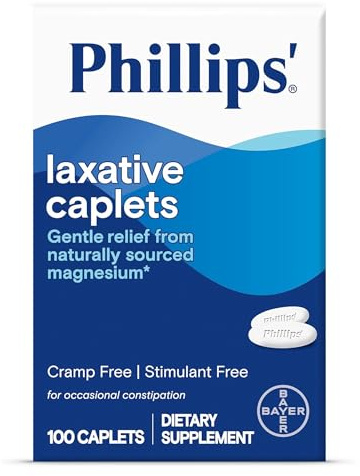 Phillips' Laxative Caplets, With Naturally Sourced Magnesium Supplement for Gentle Relief of Occasional Constipation, Cramp and Stimulant Free Laxatives, 100 Caplets