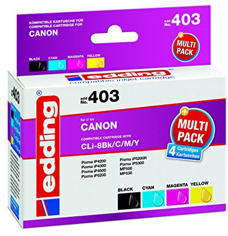 edding Druckerpatrone EDD-403 - Multipack 4 - Schwarz, Cyan, Magenta, Gelb - 4x 15,5 ml - Reichweite 4x 965 Seiten - Ersetzt Canon CLI-8BK/C/M/Y