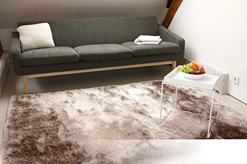 floor factory Exklusiver Hochflor Shaggy Teppich Satin Hellbraun 80x150 cm - edler, seidig glänzender Teppich