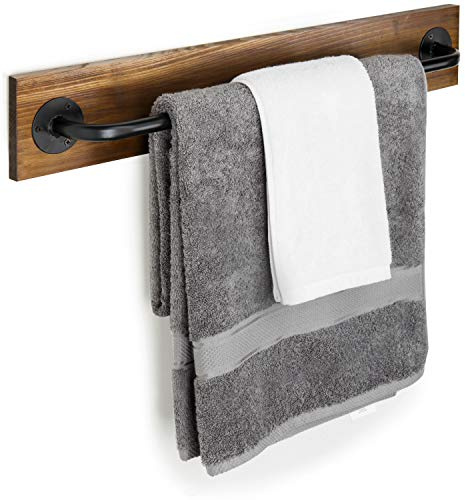 MyGift Industrial Pipe Towel Bar, 28 Inch Bathroom Wall Mounted Towel Holder with Metal Rod Rustic Burnt Wood Bathroom Sets, Farmhouse Towel Holder