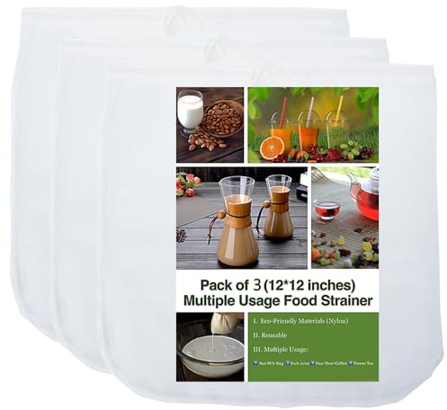 3 Pack - Ultra Fine Nut Milk Bag, 12X12 Inches, 80 Micron, Multiple Usage Reusable Food Strainer, Cold Brew Coffee Bag, Food Grade Nylon Mesh, BPA-Free, Cheesecloth Bag, Yogurt Strainer, Juice Filter