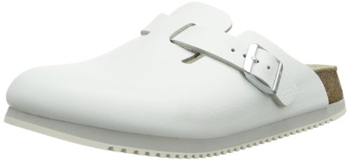 Birkenstock Boston Super Grip aus Naturleder - Herren und Damen Clogs Berufsschuh - Rutschhemmende Gummi-Eva-Sohle nach EN ISO 20347 - Anatomisch geformtes Kork-Latex-Fußbett - Weiß - Schmal - 39