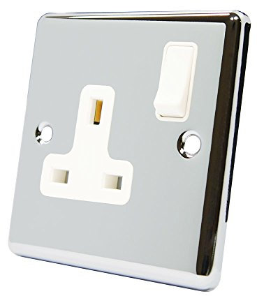 AET CPC1GSOCWH 13 A 1-Gang Polished Chrome Classical Single Plug Socket with White Insert Plastic Rocker Switch