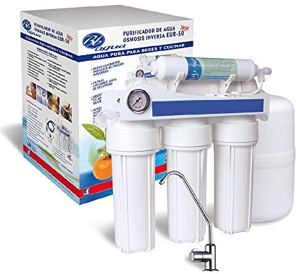 EUR-50 Equipo de Osmosis Inversa de 5 Etapas para uso doméstico. Incluye filtro, membrana y postfiltro. Obtenga agua de mineralización débil y con un ultra bajo rechazo. Bbagua.