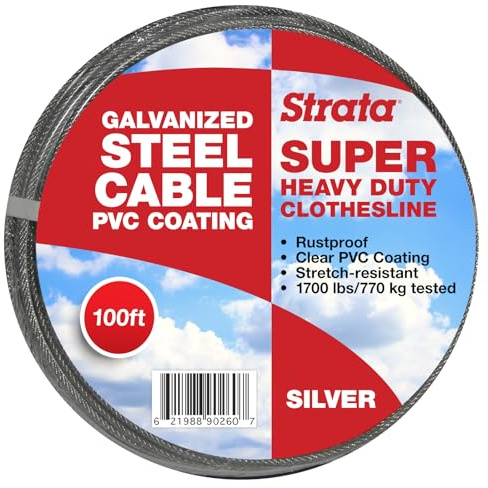 Strata 100 Feet Clothesline Outdoor Super Heavy Duty Galvanized Wire Steel Cable, Silver PVC Coating - Clothes Line Wires for Outside Laundry Drying