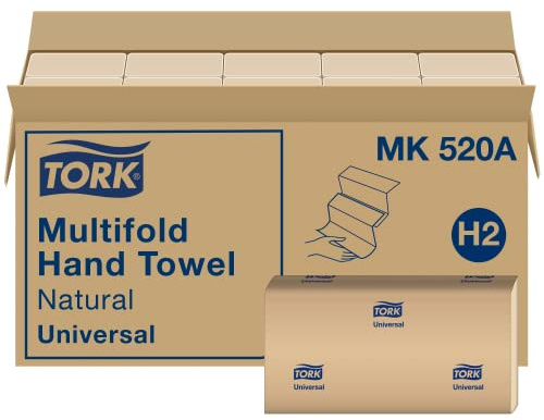 Tork Multifold Hand Towel, Natural, 100% recycled, FSC certified, Compatible with H2 Dispensers, 16 packs x 250 sheets (MK520A)
